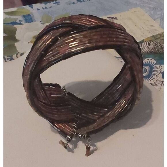 Brown/Black Vintage 90s Striped Pretzel Memory Wire Cuff Bracelet - Picture 3 of 3